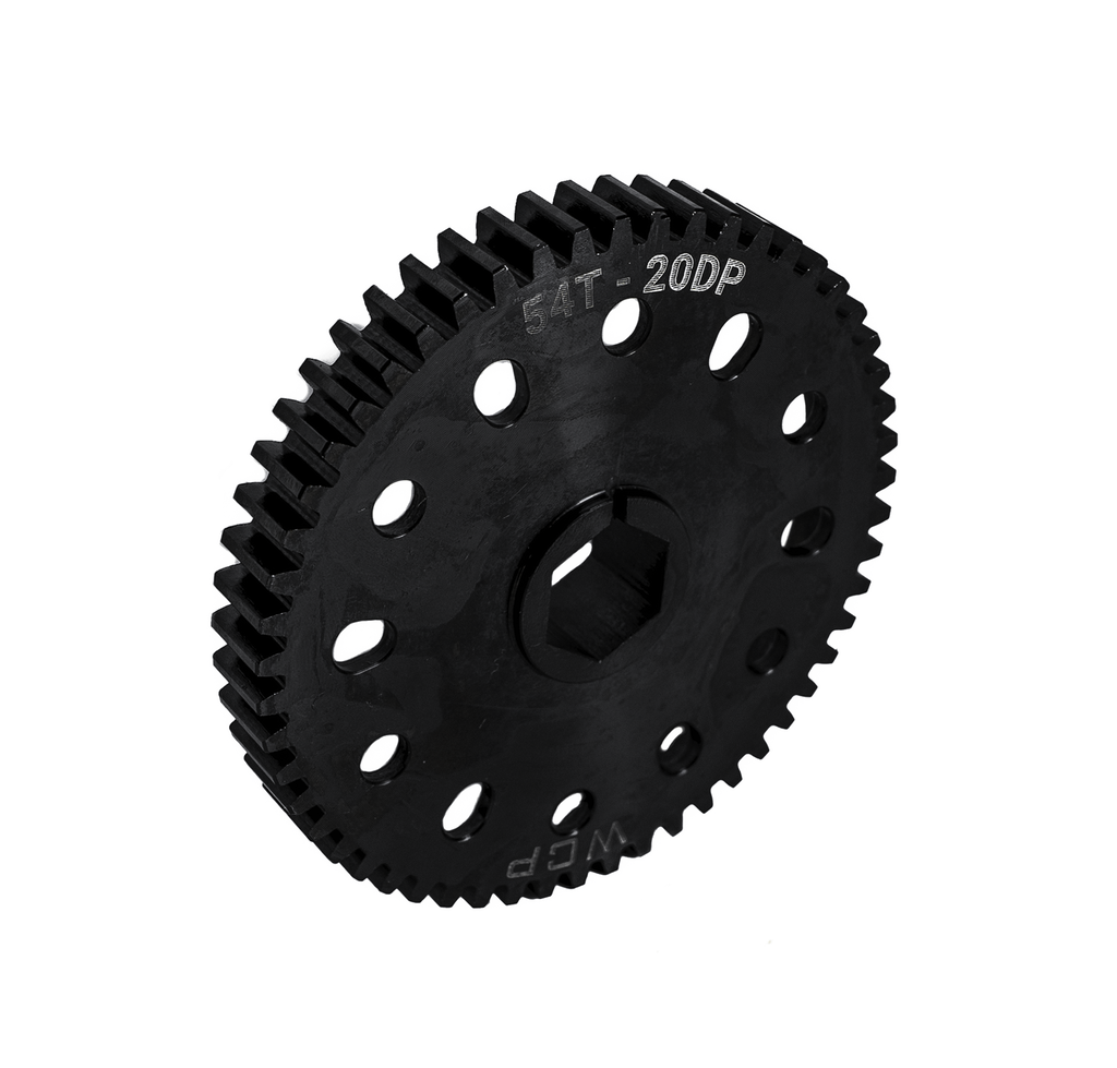 54t Pocketed Steel Spur Gear with MotionX (20 DP, 1/2" Hex Bore)